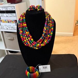 Sassy Jones Multicolor Beaded Necklace with Matching Bracelet ,clip on earrings